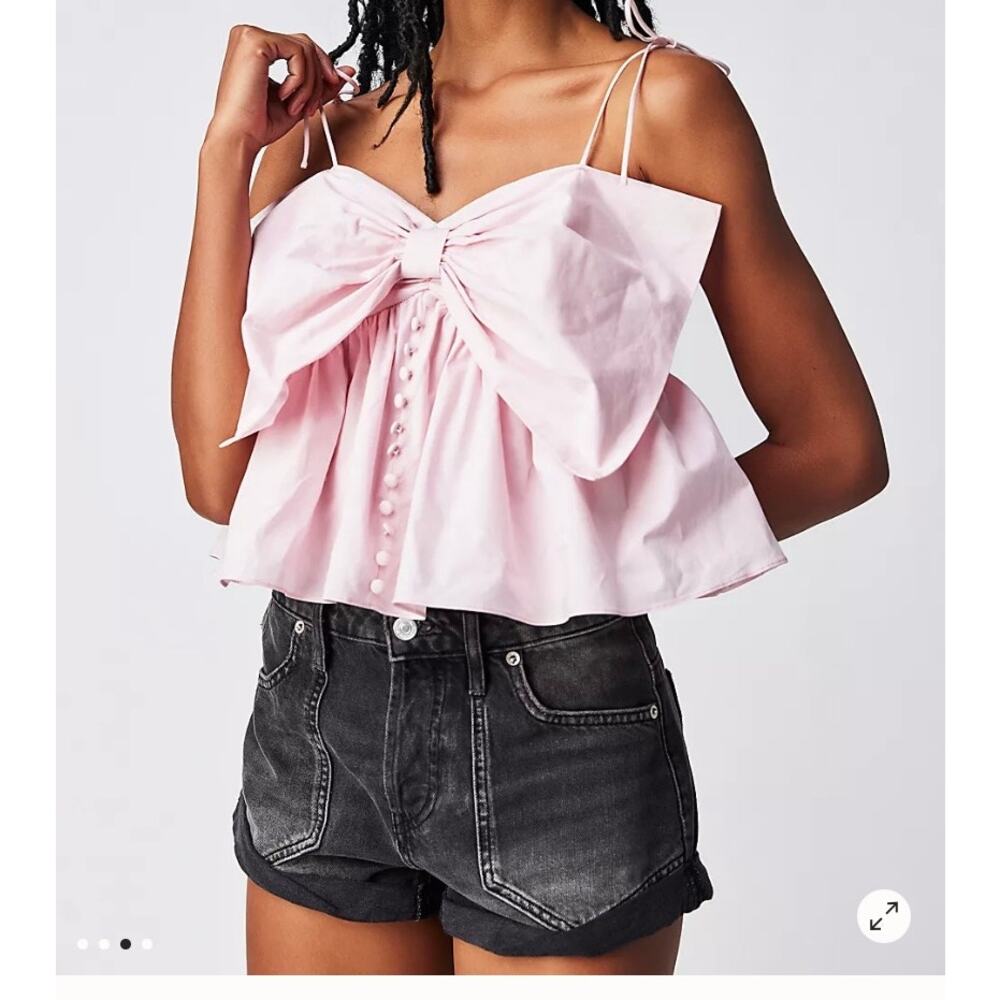 Selkie Sacre Coeur Cropped Babydoll Top Sz M Oversized Bow Pink Cotton Tie Strap